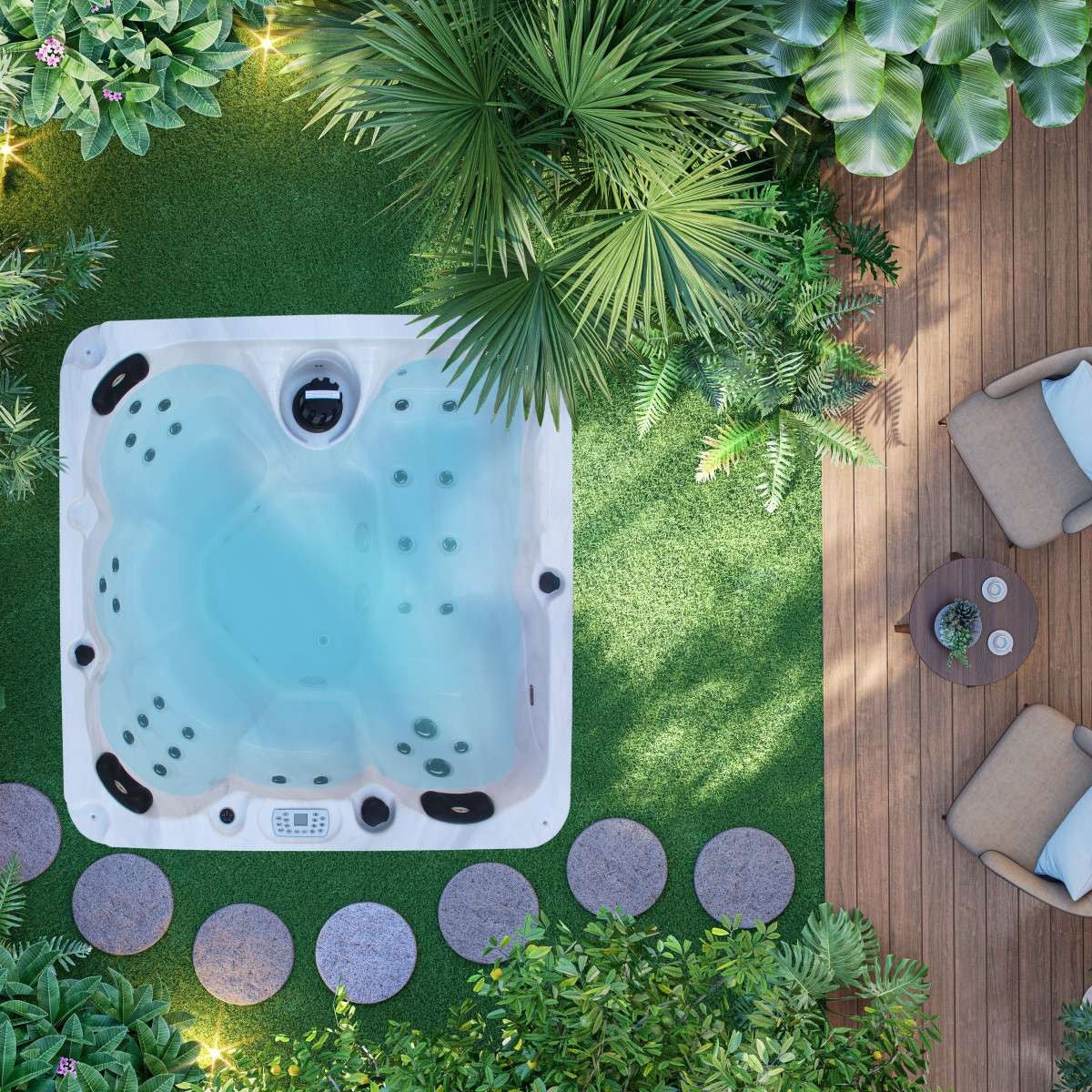 Outdoorwhirlpool PALMA White Marble inkl. Abdeckung & Stiege 190x190x86 cm frostsicher
