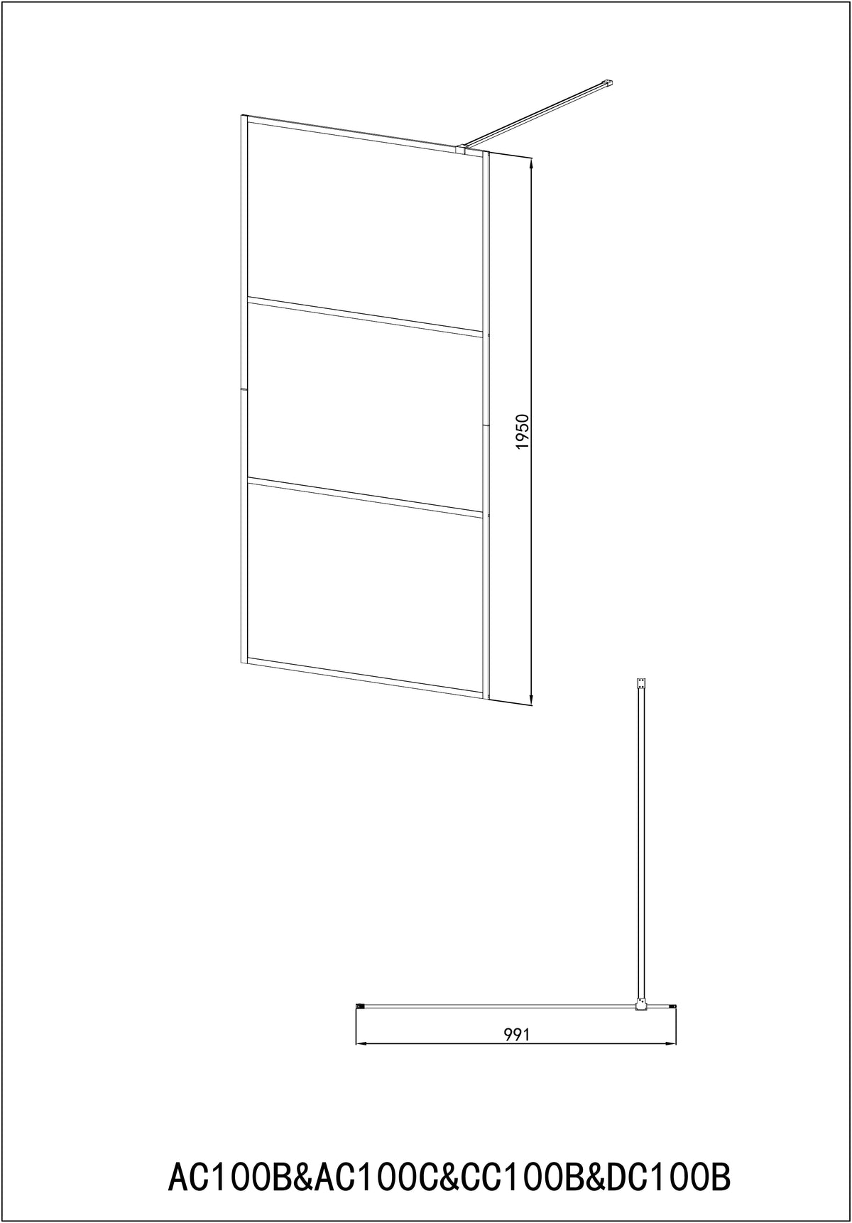 Walk-in shower with 3-part chrome frame in different sizes