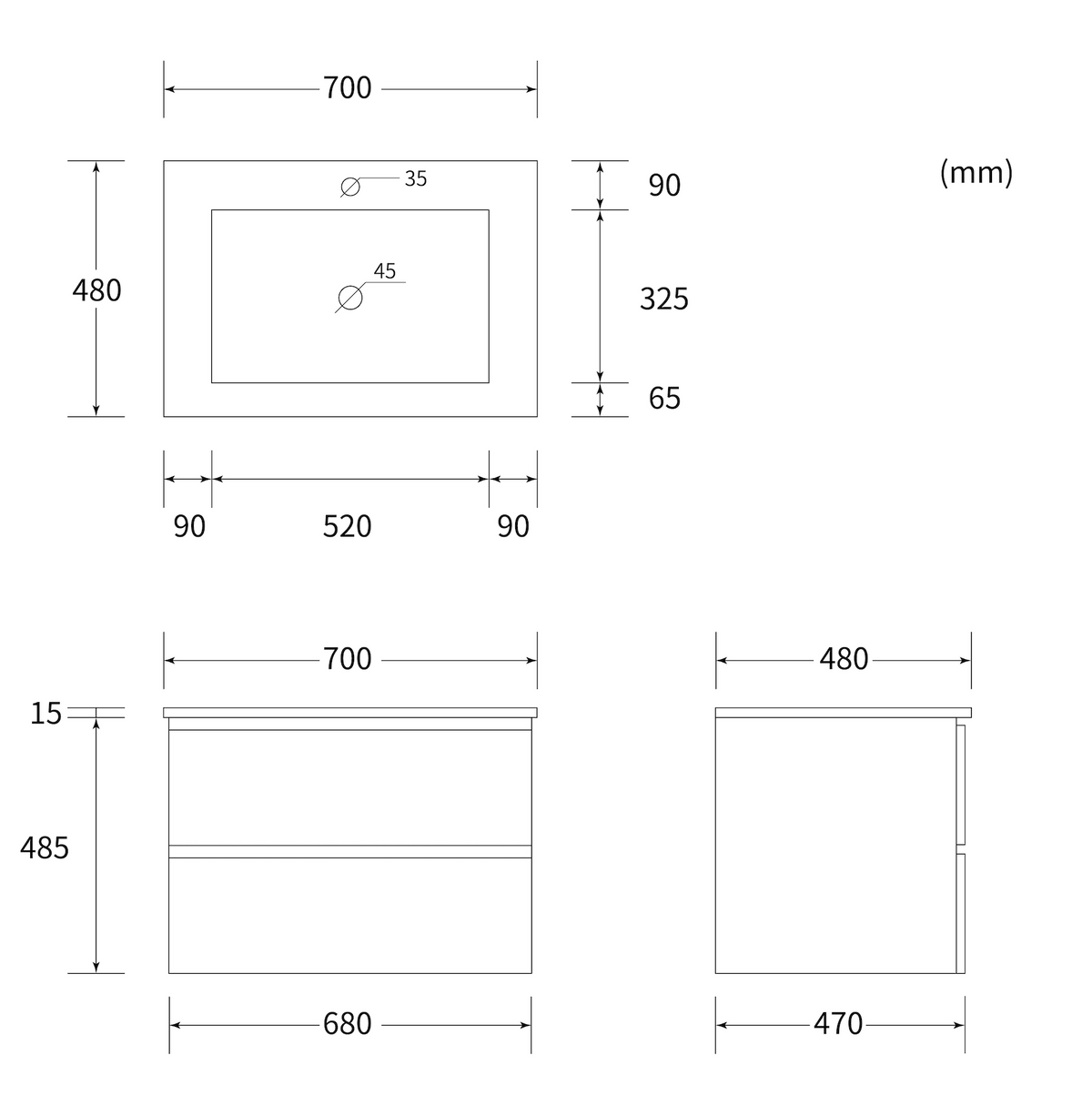 Washbasin base cabinet CUBE 70 69x48x48 cm