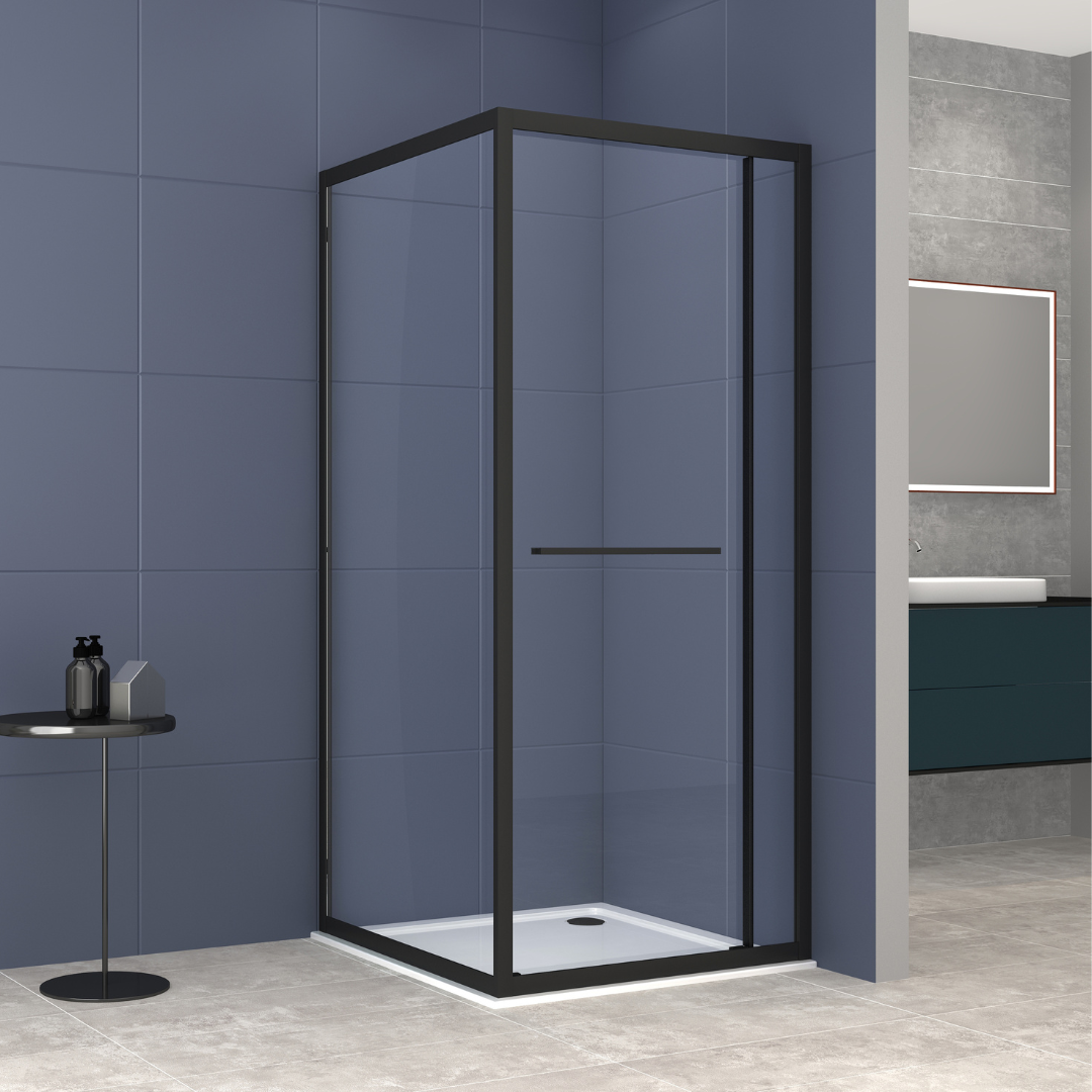 Corner shower cabin with two sliding doors, chrome in 2 different sizes