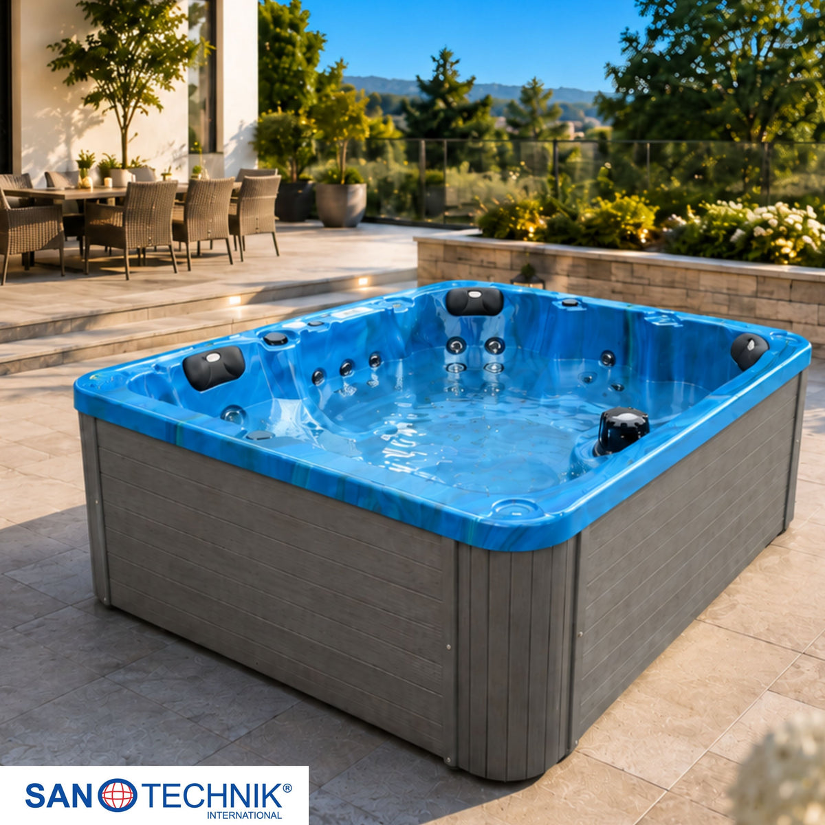 Outdoorwhirlpool PALMA Blue Marble inkl. Abdeckung & Stiege 190x190x86 cm frostsicher