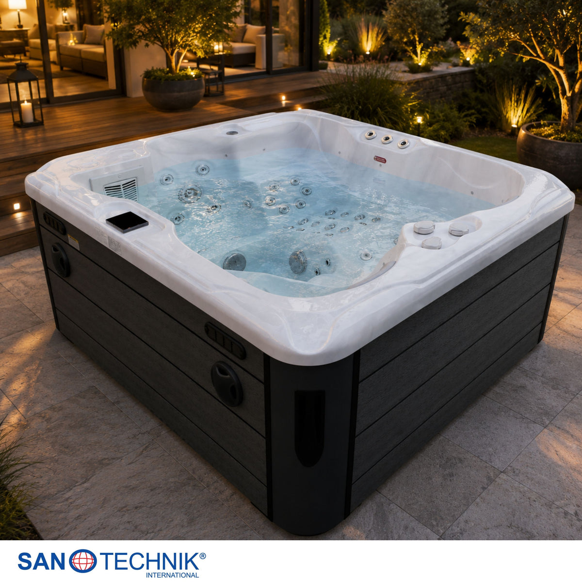 Outdoor Whirlpool MAURITIUS White Marble inkl. Stiege & Abdeckung 210x160x90 cm frostsicher