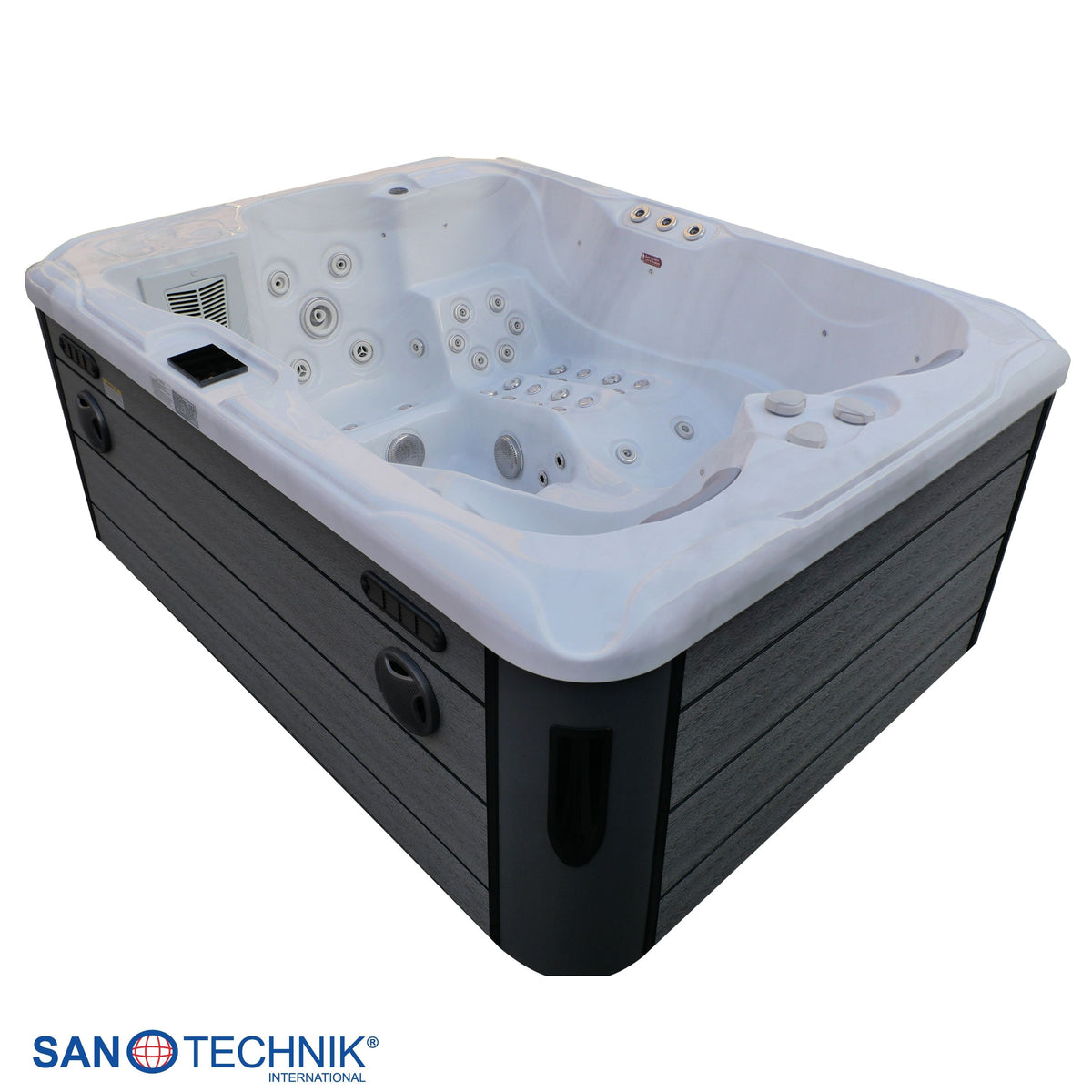 Outdoor Whirlpool MAURITIUS White Marble inkl. Stiege & Abdeckung 210x160x90 cm frostsicher