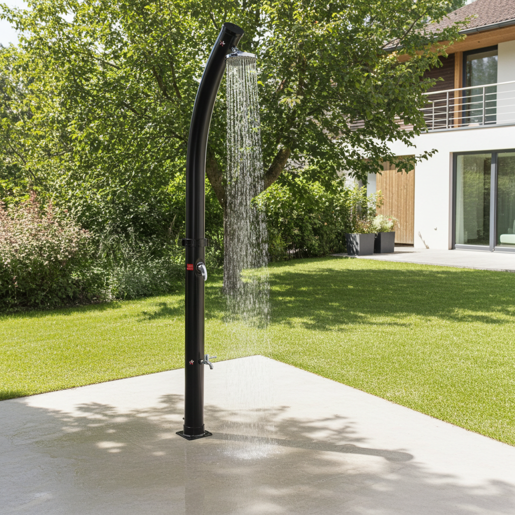 Ducha solar exterior de 20 l con función lavapiés – Negra, diseño curvo