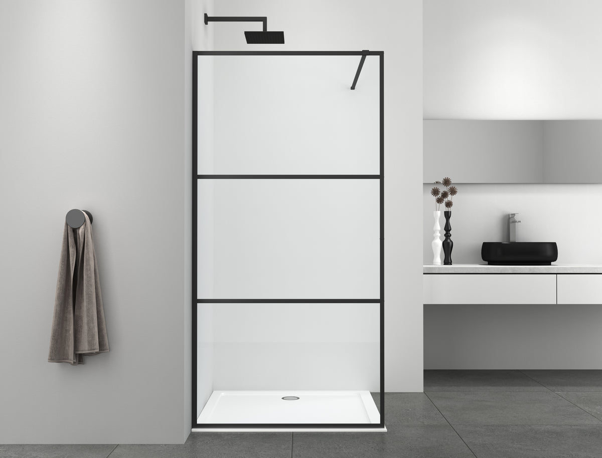 Walk-in shower with 3-part frame black 114-115x195 cm