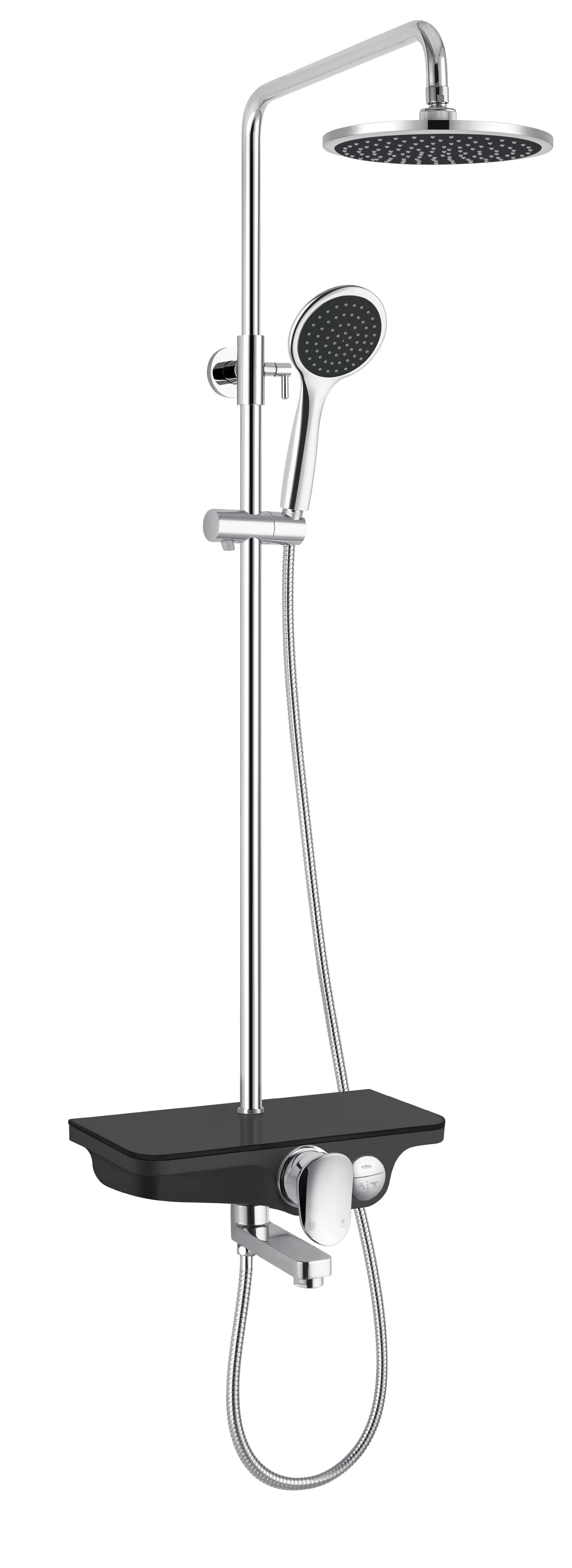 Overhead shower rail set with black bath filler