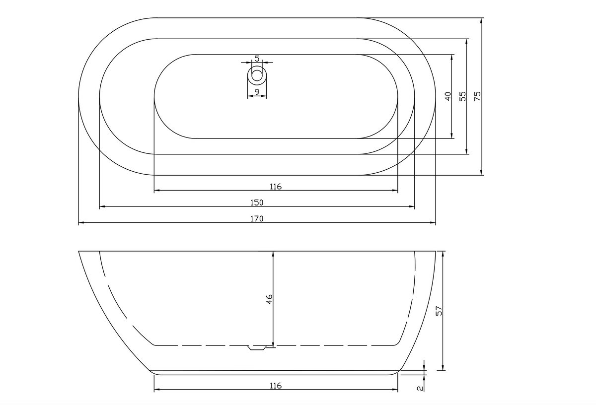 Freestanding bathtub SYDNEY 170x75x60 cm