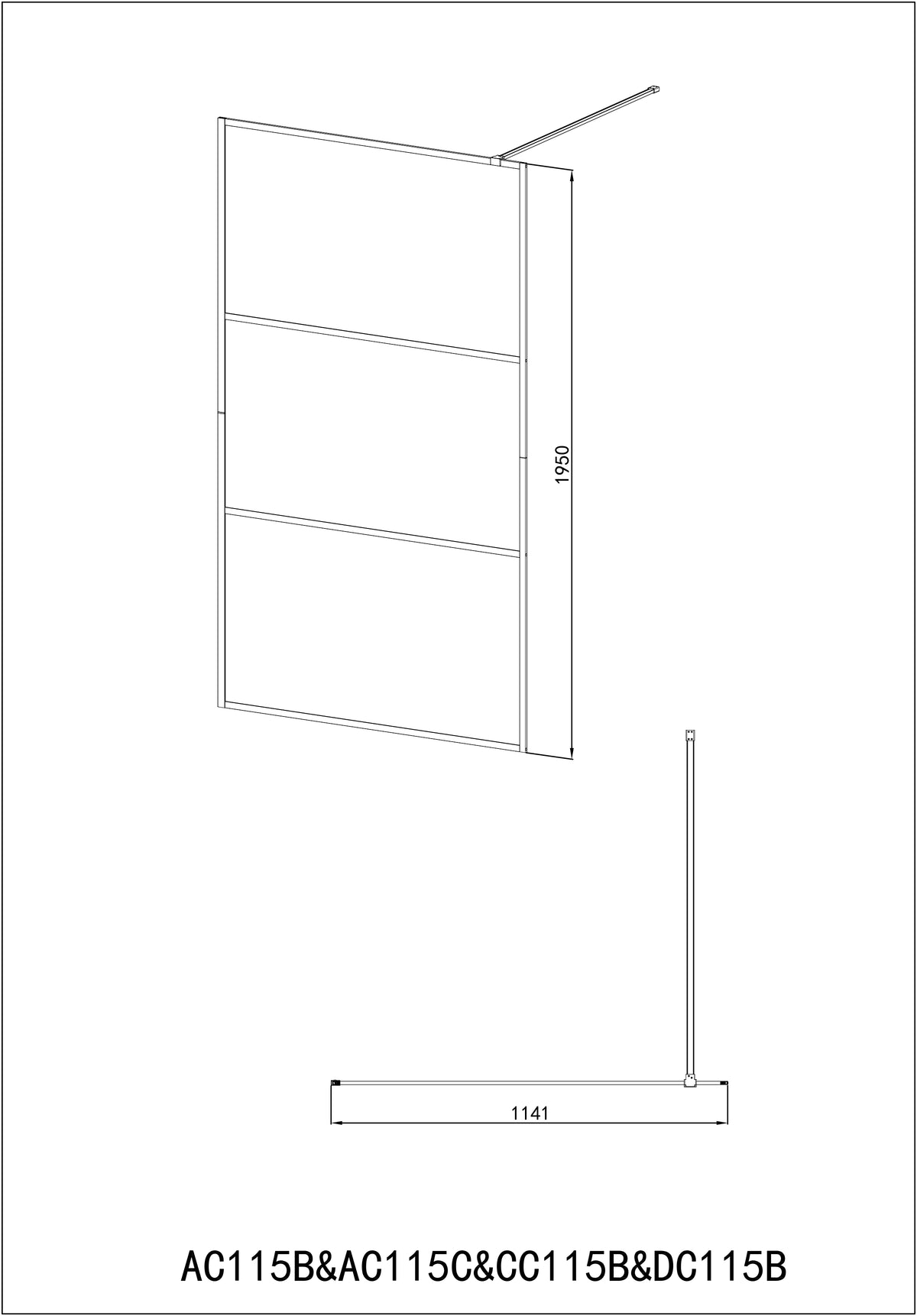 Walk-in shower, 3-part chrome frame with central frosted glass, 114-115x195 cm