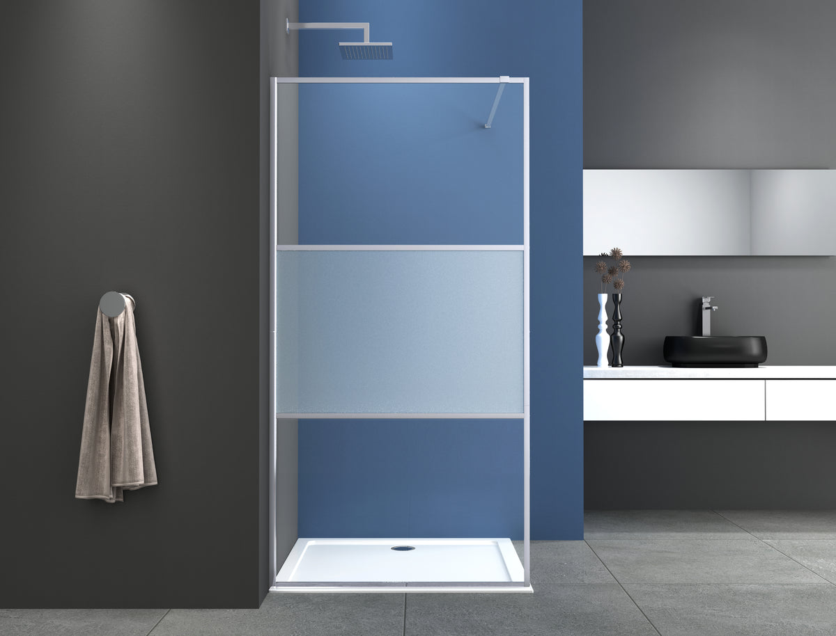 Walk-in shower, 3-part chrome frame with central frosted glass, 114-115x195 cm
