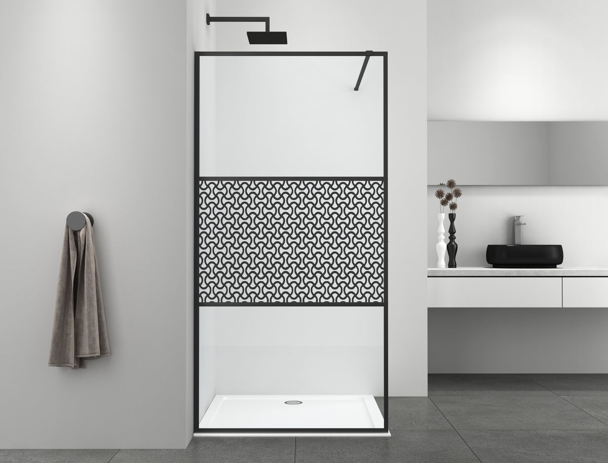 Walk-in shower with 3-piece black frame with designer glass 114-115x195cm